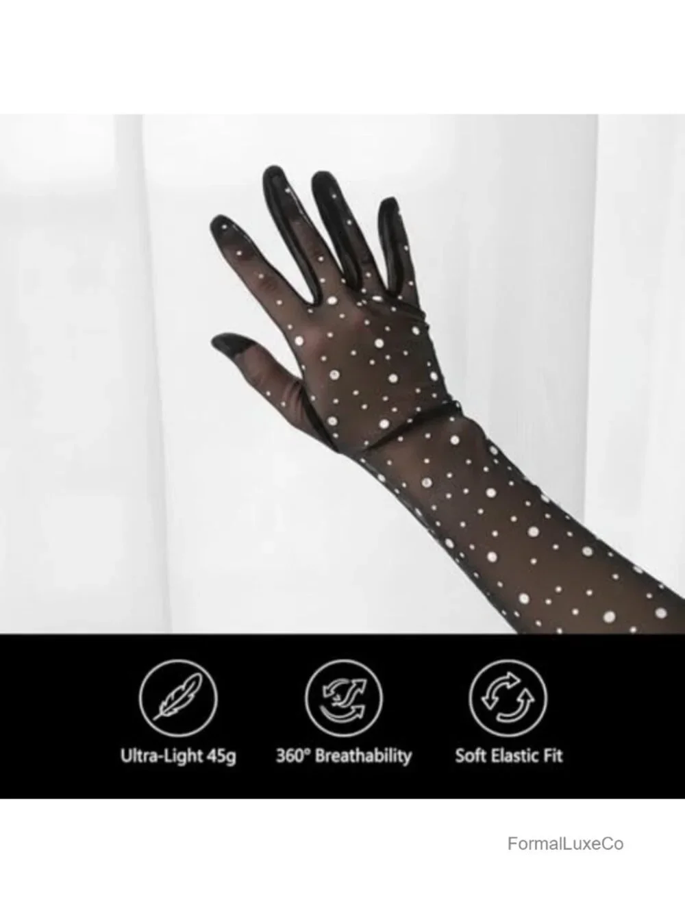 Elbow-Length Sheer Mesh Gloves with Rhinestones, 52cm Formal Gloves for Women
